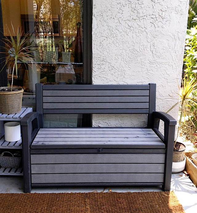 Outdoor Patio Storage Bench Resin Deck Box Garden Backyard Tool Shed in Tool Storage & Benches