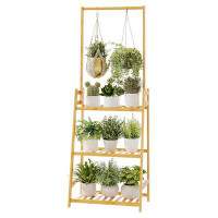 Arlmont & Co. Hanging Bamboo Plant Stand Indoor, 3 Tier Tall Plant Shelf For Multiple Plants, Ladder Flower Stand For Wi