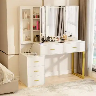 Everly Quinn Vanity Makeup Desk With Charging Station