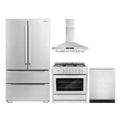 Cosmo 4 PC Kitchen Set with 36" Dual Fuel Range 36" Wall Mount Range Hood 24" Dishwasher & Refrigerator in Refrigerators