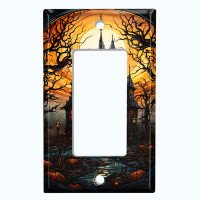 WorldAcc Metal Light Switch Plate Outlet Cover (Halloween Spooky Manor House - Single Rocker)