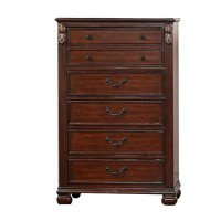 Astoria Grand Miri 51 Inch 6 Drawer Tall Dresser Chest, Brass Carved, Cherry Oak Brown