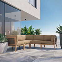 Modway Clearwater Outdoor Patio Teak Wood 5-Piece Sectional Sofa In Grey Light Brown