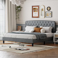 Red Barrel Studio Light Grey King Size Adjustable Headboard With Linen Upholstery And Button Tufting, Wave Top Design