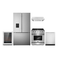 Cosmo 5 Piece Kitchen Package With 30" Freestanding Gas Range 30" Under Cabinet Range Hood 24" Built-in Fully Integrated