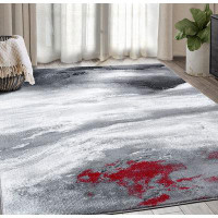 Orren Ellis Vallie ART240B Contemporary Marbled Grey And Red Area Rug