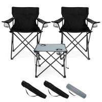 Arlmont & Co. Folding Camping Chair Set Of 3, Foldable Black Camp Chairs & Grey Table, Large Lawn Chair Portable For Adu