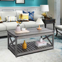Gracie Oaks Farmhouse Coffee Table With Slatted Shelf And Corner Protection, Vintage White/Espresso