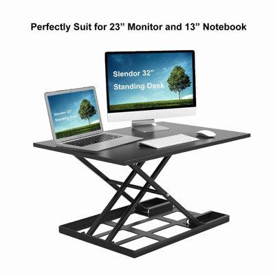 Ebern Designs Standing Desk, Height Adjustable Sit Stand Converter, 32 inch Dual Monitor Workstation in Desks