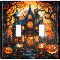 WorldAcc Metal Light Switch Plate Outlet Cover (Halloween Spooky Pumpkin Manor House - Double Toggle)