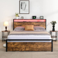 Wrought Studio Iftikhar Queen Size Bed Frame with Headboard and Drawers, LED Lights Bed with Charging Station,Platform B
