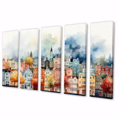 Winston Porter Popart Cityscape Urban Fog II - Cityscapes Canvas Wall Art - 5 Equal Panels