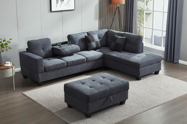NEW IN BOX - NEBULA SECTIONAL SOFA WITH STORAGE OTTOMAN &amp; DROP-DOWN CONSOLE (LIGHT GREY)and ( DARK GREY) in Couches & Futons in Edmonton
