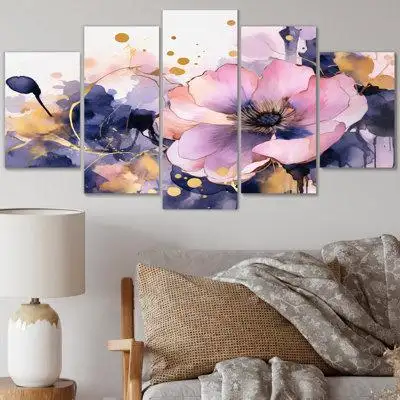 Design Art Pink And Purple Plants In Chaos - Floral Wall Decor - 5 Panels