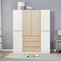 Latitude Run® Veloudo Solid Wood Wardrobe Closet, 3 Drawers and 3 Hanging Rod, Bedroom Armoire, 74“ H x 63" W x 20"D