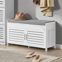 Latitude Run® White Shoe Storage Bench with Lift-Up Top, Cabinet Door and Padded Cushion
