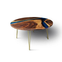 Millwood Pines Kingsman 36 Inch Diameter Solid Walnut Wood Clear Blue Epoxy Luxury Dining/kitchen/breakfast Table With M