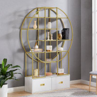 Everly Quinn 70.8 Inch Round Office Bookcase Bookshelf, Display Shelf, Two Drawers, Gold Frame