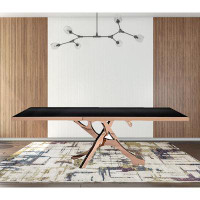 HomeRoots 87" Black Glass And Rosegold Abstract Pedestal Base Dining Table