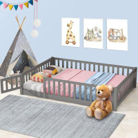 Harriet Bee Full Size Floor Bed With Safety Guardrails, Door And Slats, Toddler Floor Bed Frame, Wood Floor Bed For Kids