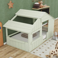Harper Orchard Wood Full Size House Bed With Roof, Window And Guardrail