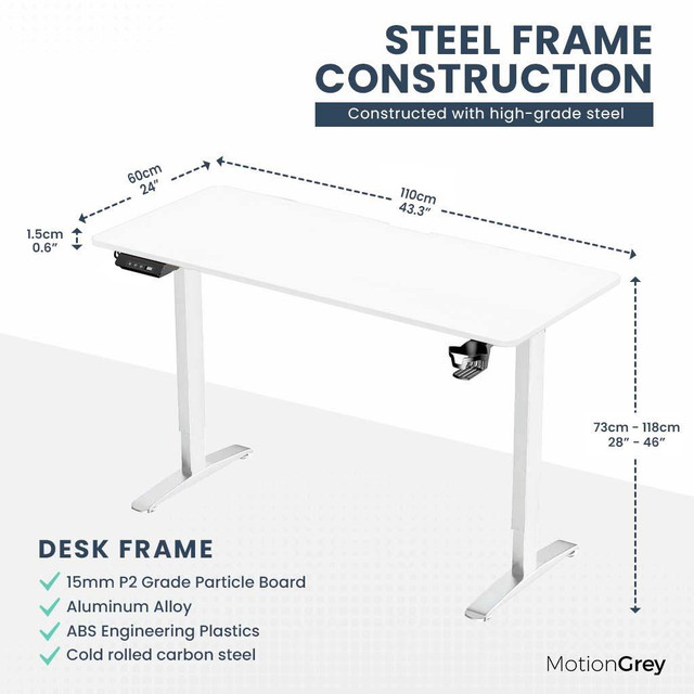 MotionGrey Standing Desk Height Adjustable Electric Motor Sit-to-Stand Desk Computer for Home and Office - White Frame in Desks - Image 3