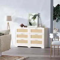 Ebern Designs Ebern Designs 6 Drawer Dresser Rattan Dresser With Golden Handles, Wood Chest Large Storage Cabinet For Be
