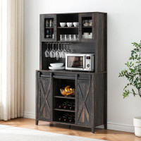 Rubbermaid Farmhouse Bar Cabinet With Sliding Barn Door, 70" Rustic Buffet Cabinet With Storage Shelves, Liquor Cabinet
