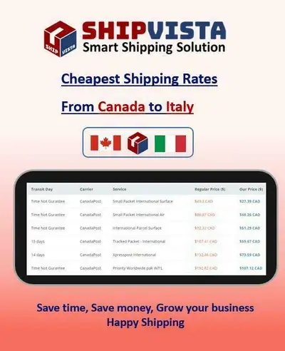ShipVista provides the cheapest shipping rates from Canada to Italy. Whether you are an individual s...