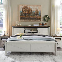 Gracie Oaks Arrin Farmhouse Bed Frame with Charging Station and 2-Tier Storage Headboard, Sliding Barn Door