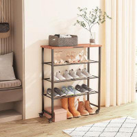 17 Stories 5 Tier Rolling Shoe Rack With Heavy Duty Casters With Brake, Rustic Wood And Metal Mesh, Black