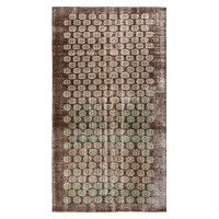 Rug & Kilim Pasha Hand-Knotted Vintage Mid-Century Distressed Rug in Brown/Green/Yellow Floral Pattern
