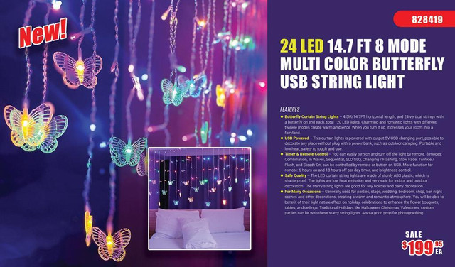 NEW 24 LED 14.7 FT 8 MODE MULTI COLOR BUTTERFLY USB STRING LIGHT 828419 in Other in Alberta