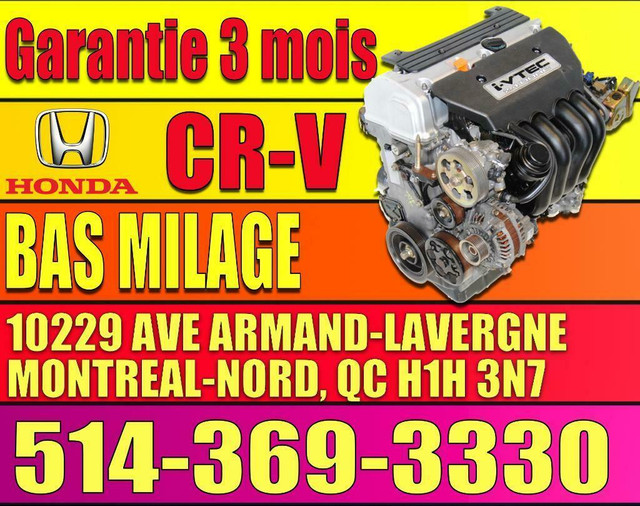 MOTEUR 2.4 HONDA CRV 2002 2003 2004 2005 2006 K24A CR-V, 02 03 04 05 06 Honda CRV Engine, K24A Motor  mécanique Auto in Engine & Engine Parts in City of Montréal