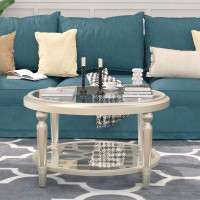 House of Hampton Modern Round End Table, Champagne Side Table With Tempered Glass Tabletop, Wood Accent Table With Stora