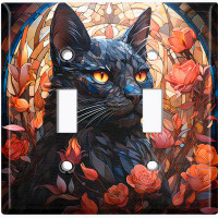 WorldAcc Metal Light Switch Plate Outlet Cover (Halloween Spooky Black Cat Autumn - Double Toggle)