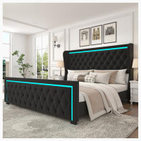 Ivy Bronx Platform Bed Frame With High Headboard, Velvet Upholstered Bed With Deep Tufted Buttons, Adjustable Colorful L