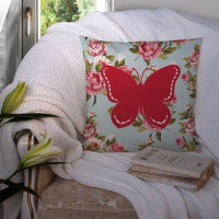 East Urban Home Butterfly Shabby Elegance Blue/Pink Roses Modern Fabric Indoor/Outdoor Throw Pillow