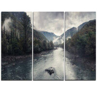 Made in Canada - Design Art Mountain River with Fog and Rain - 3 Piece Graphic Art on Wrapped Canvas Set