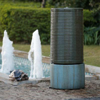 Latitude Run® Round Green Ribbed Tower Water Fountain, Verge Bronze, Cement Outdoor Bird Feeder / Bath Fountain