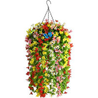 Primrue Artificial Hanging Fake Flowers Plants Basket for Outdoor Faux Silk Lilies Flower