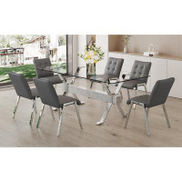 Ivy Bronx Modern Table And Chair Set: Tempered Glass Desktop, Silver Plated Metal Legs, Mdf Crossbars, Armless Soft Back