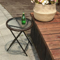 Ebern Designs Outdoor Side Tables-Foldable Patio Rattan Table With Tempered Glass Table Top And High-Strength Thickened