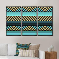 Orren Ellis Blue And Yellow Geometric Triangles - Patterned Framed Canvas Wall Art Set Of 3