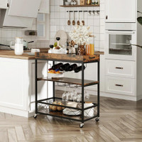 3-TIER KITCHEN CART ON WHEELS WITH REMOVABLE TRAY, WINE RACKS, GLASS HOLDERS RUSTIC BROWN
