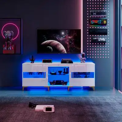 Wrought Studio LED TV Stand For 55/60/65/70 Inch TV, Modern TV Stand With LED Lights And High Glossy Cabinets, Game Ente