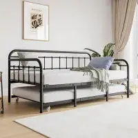 August Grove Twin Size Metal Daybed with Trundle and Heavy Duty Steel Slat Support