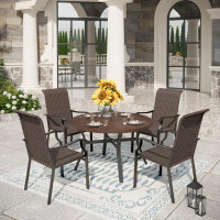 Lark Manor 5-pieces Patio Dining Set Round Metal Wood-look Table 4 High Back Rattan Chairs Backyard Patio