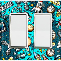 WorldAcc Metal Light Switch Plate Outlet Cover (Rocket Ship Space Planet Astronaut Teal  - Double Rocker)