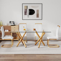 Ivy Bronx Elegant 5-piece Dining Set: 0.39'' Tempered Glass Table, Wood & Metal Legs, 4 White Pu Leather High-back Chair
